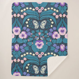 Pansies, birds and butterflies sherpa blanket
