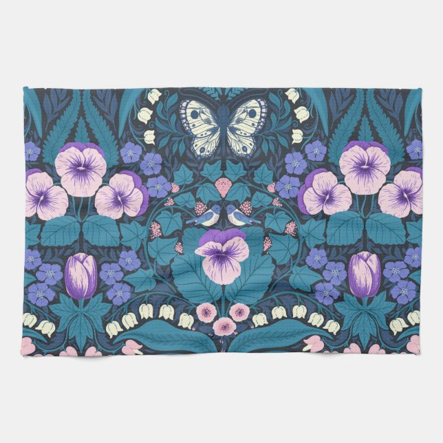 Pansies, birds and butterflies tea towel (Horizontal)