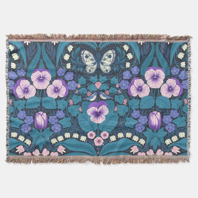 Pansies, birds and butterflies throw blanket (Front)