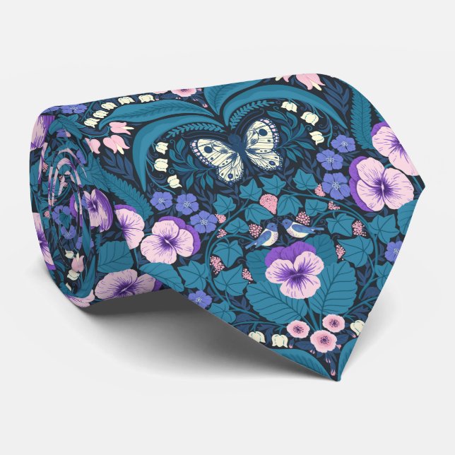 Pansies, birds and butterflies tie (Rolled)