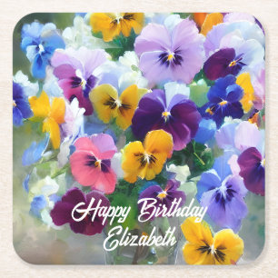 Pansies Happy Birthday Square Paper Coaster