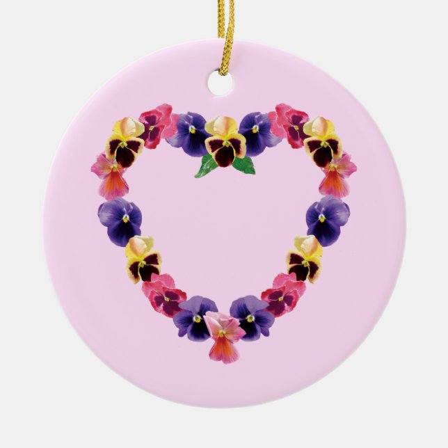 Pansies Heart Ceramic Ornament (Front)