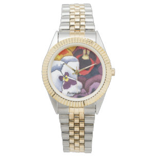 Pansies in white, yellow, purple & red watch