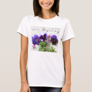 Pansies, lobelia on old handwriting Hello Spring T-Shirt