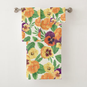 Pansies on off white bath towel set