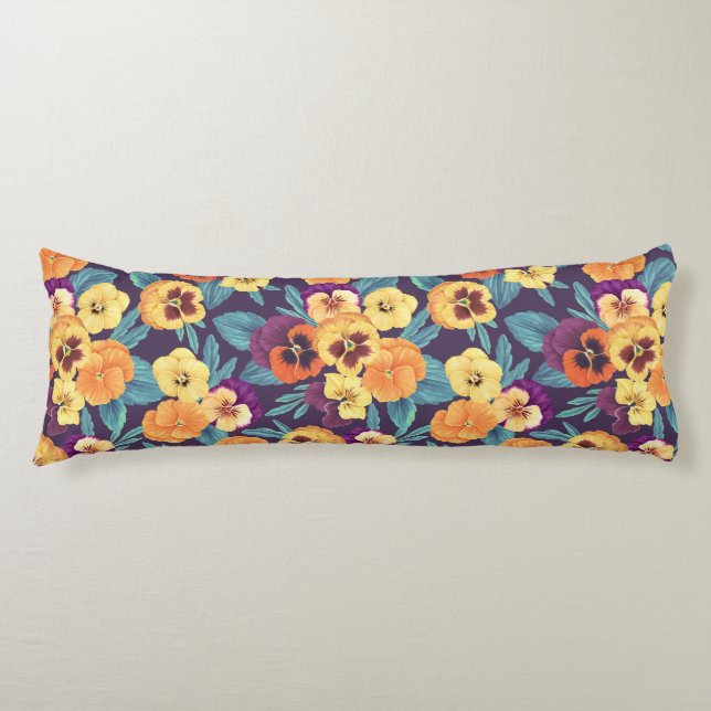 Pansies on plum violet body cushion (Front)
