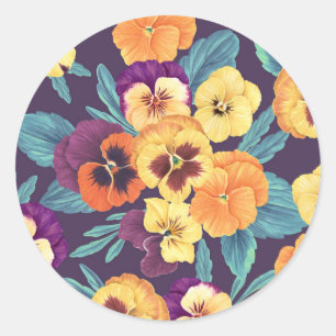 Pansies on plum violet classic round sticker