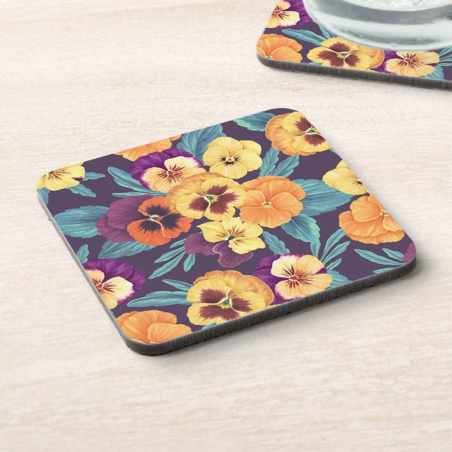 Pansies on plum violet coaster (Left Side)