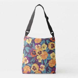 Pansies on plum violet crossbody bag