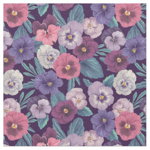Pansies on plum violet fabric