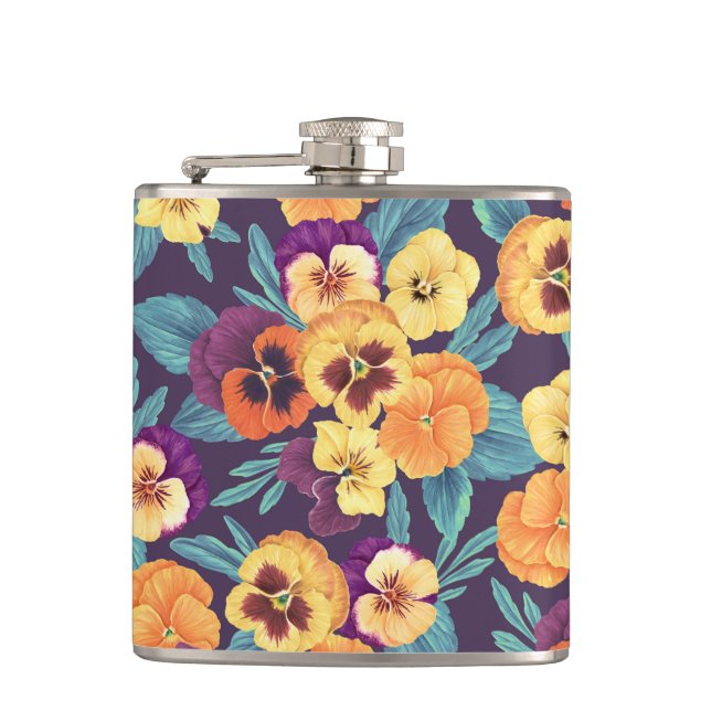Pansies on plum violet hip flask (Front)