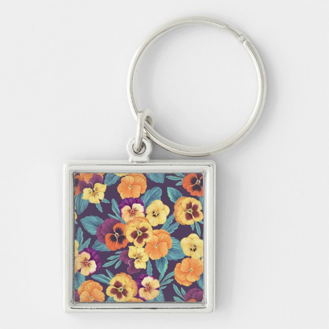 Pansies on plum violet key ring (Front)
