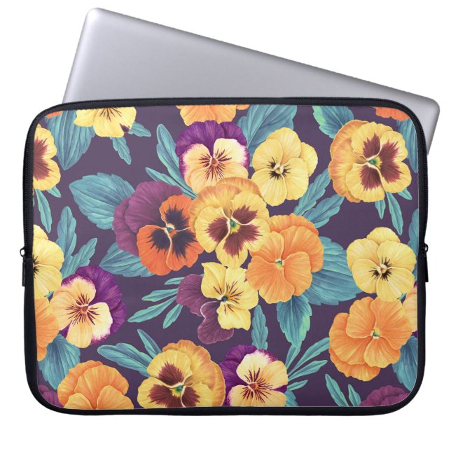 Pansies on plum violet laptop sleeve (Front)