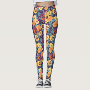 Pansies on plum violet leggings