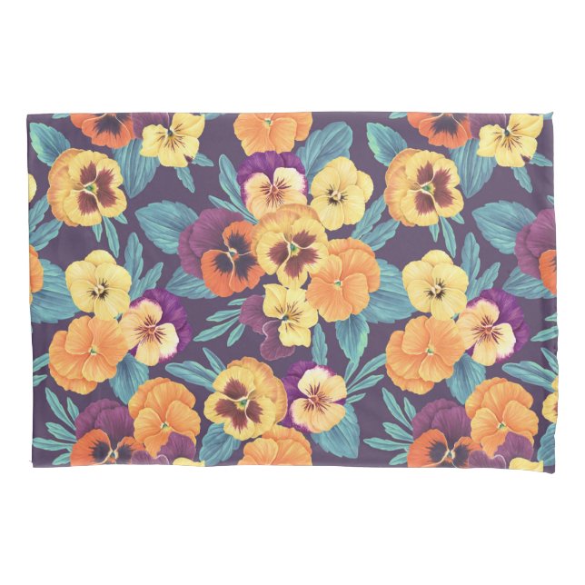 Pansies on plum violet pillowcase (Front-Left)