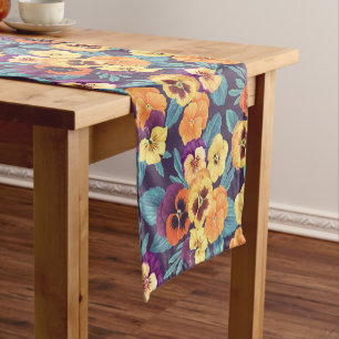 Pansies on plum violet short table runner