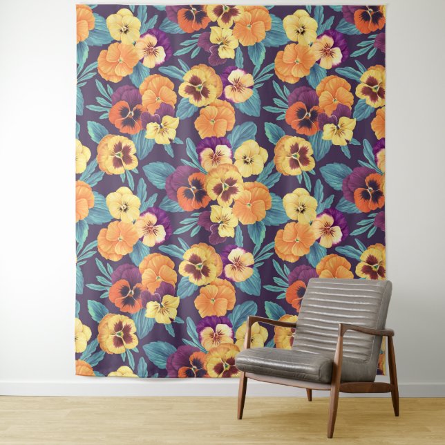 Pansies on plum violet tapestry (In Situ)