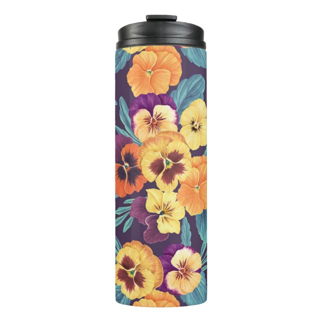 Pansies on plum violet thermal tumbler (Front)