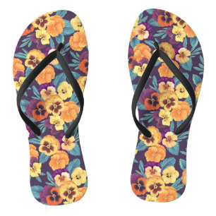 Pansies on plum violet thongs