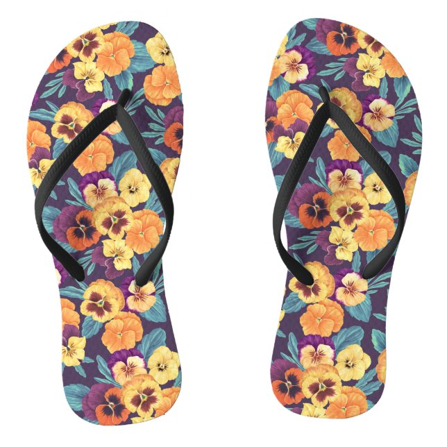 Pansies on plum violet thongs (Footbed)