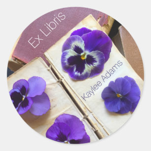 Pansies on vintage books bookplate classic round sticker