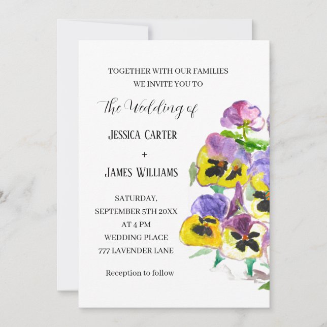 Pansies Pansy Floral Watercolor Wedding Invitation (Front)