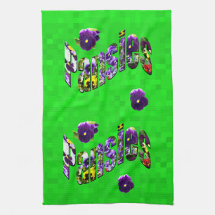 Pansies Picture Logo With Pansies On Green Shimmer Tea Towel