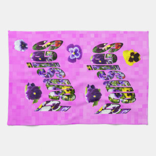 Pansies Picture Logo With Pansies On Pink, Tea Towel