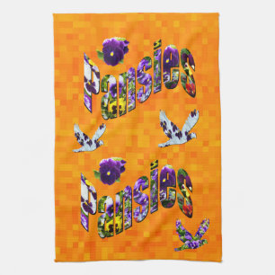 Pansies Picture Logo With Pansy Flying Doves, Tea Towel