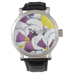 Pansies up close in white and purple watch