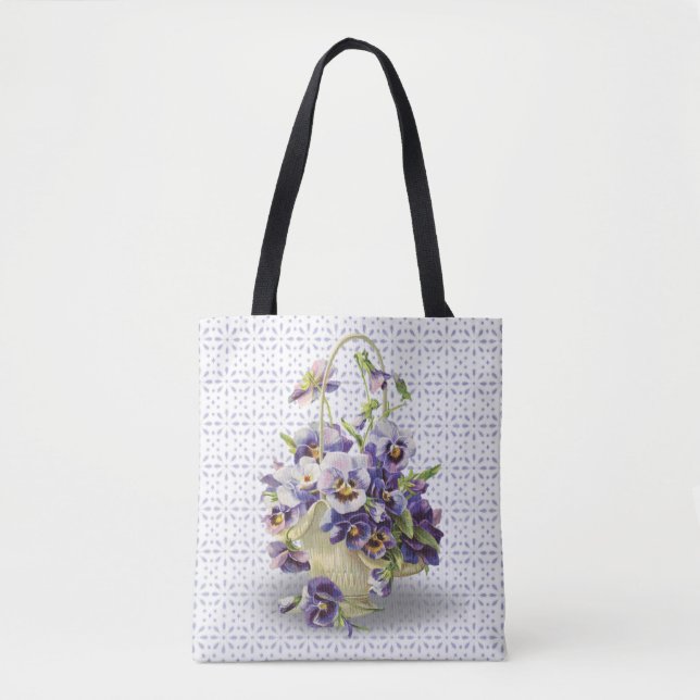 pansy basket bouquet on eyelet lace tote bag (Front)