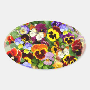 Pansy Beauty arrangement with butterflies Oval Sticker