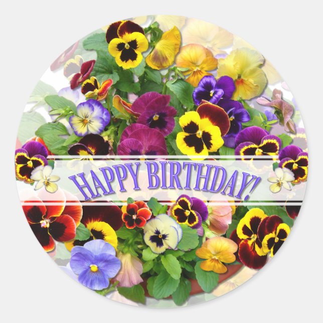 PANSY BEAUTY BIRTHDAY GREETING CLASSIC ROUND STICKER (Front)