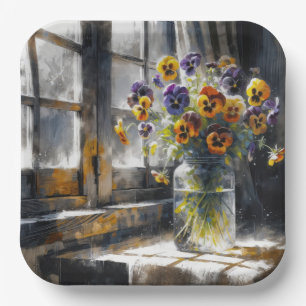 Pansy Bouquet In a Window Impressionism Paper Plate