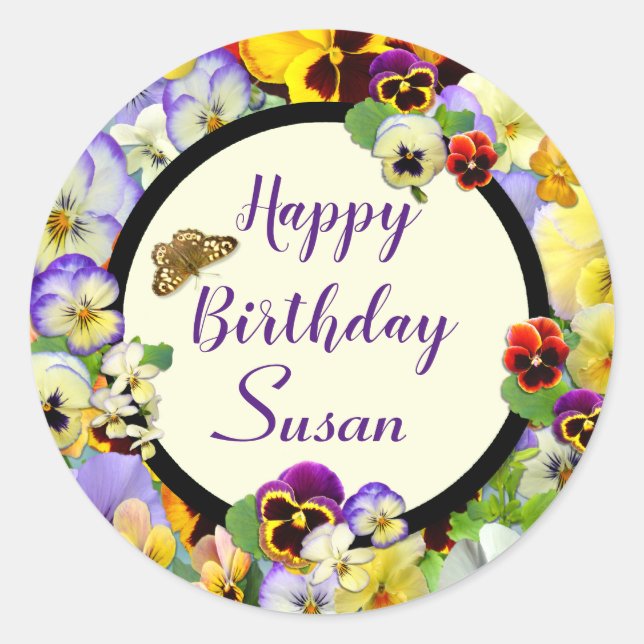 Pansy Design Birthday Classic Round Sticker (Front)