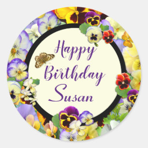 Pansy Design Birthday Classic Round Sticker