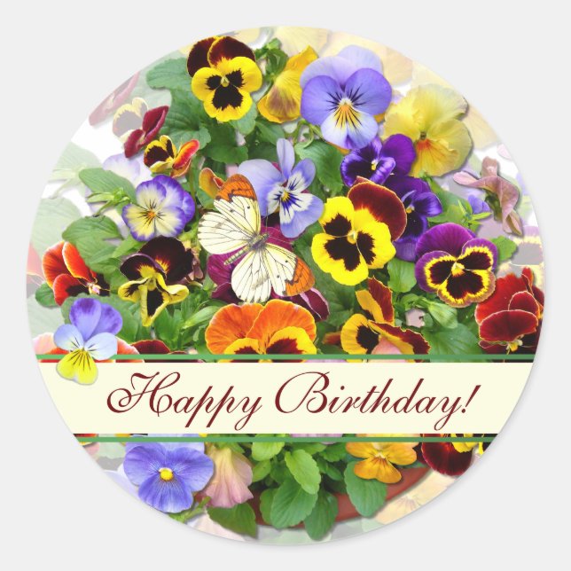 Pansy Display Birthday Greetings Classic Round Sticker (Front)
