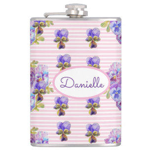 Pansy Floral Viola Vintage Womans Pink Stripe The Hip Flask