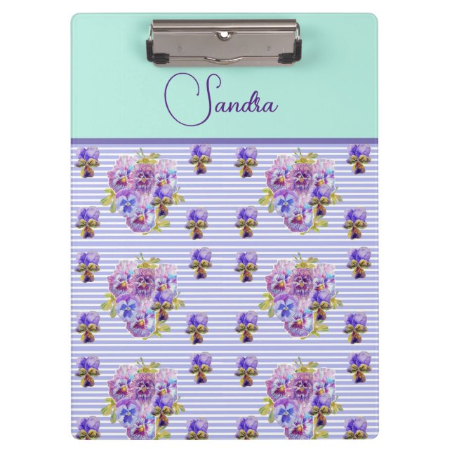 Pansy Flower Aqua floral Mum Customizable Name Clipboard (Front)