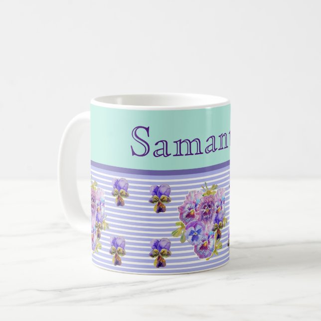 Pansy Flower Aqua Stripe art floral Customizable  Coffee Mug (Front Left)