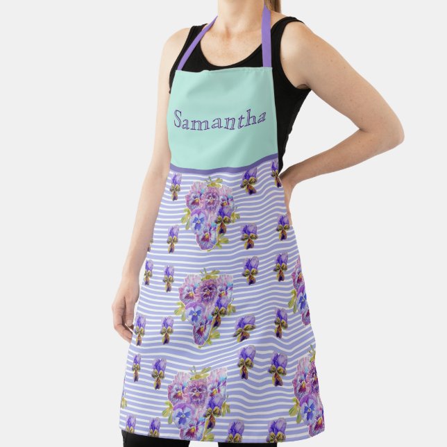 Pansy Flower Aqua Stripe art floral Girls Name Apron (Insitu)