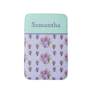 Pansy Flower Aqua Stripe art floral Girls Name Bath Mat
