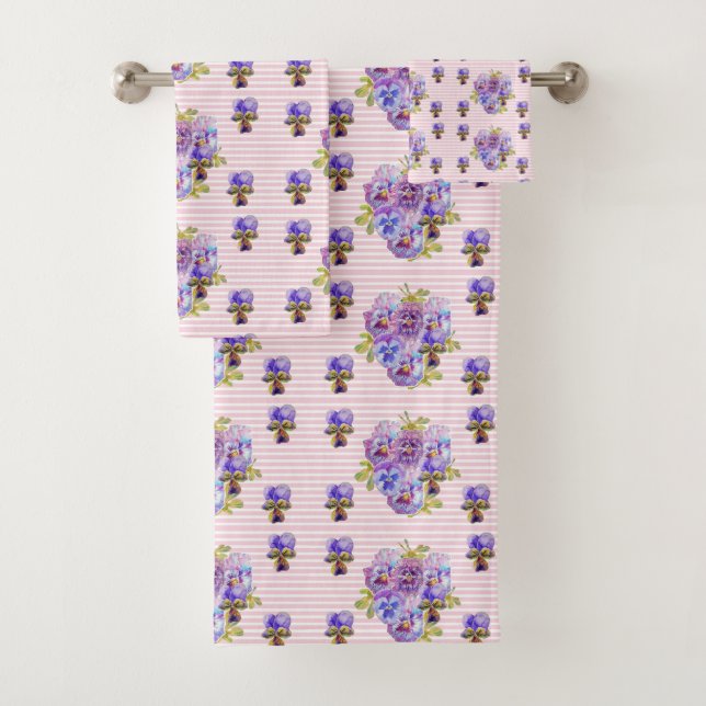 Pansy Flower Aqua Stripe art floral Girls Name Bath Towel Set (Insitu)