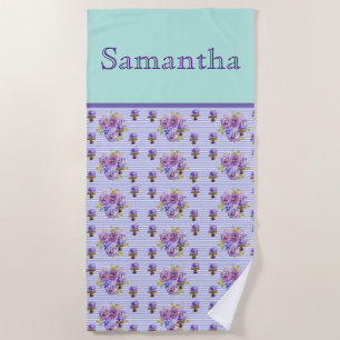 Pansy Flower Aqua Stripe art floral Girls Name Beach Towel