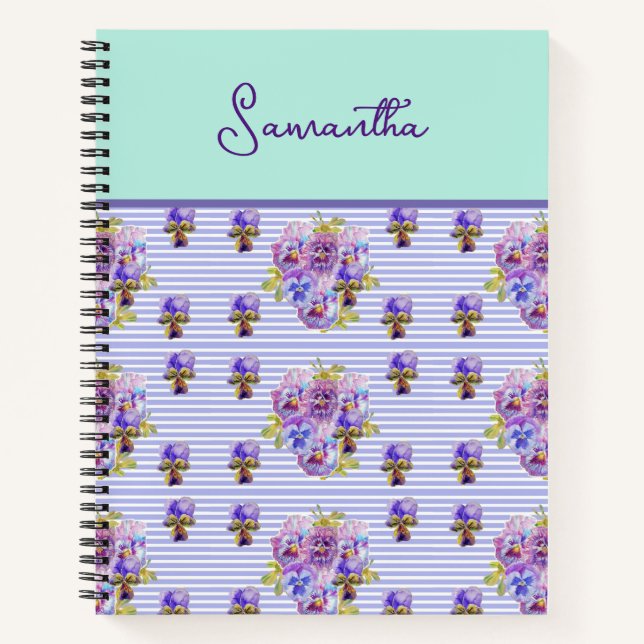 Pansy Flower Aqua Stripe art floral Girls Name Notebook (Front)