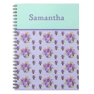 Pansy Flower Aqua Stripe art floral Girls Name Notebook
