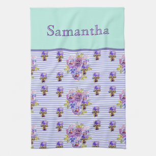 Pansy Flower Aqua Stripe art floral Girls Name Tea Towel