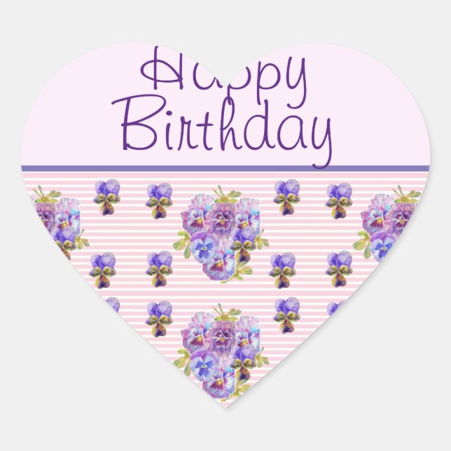 Pansy Flower Pink Stripe floral Happy Birthday  Heart Sticker (Front)