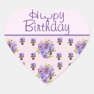 Pansy Flower Pink Stripe floral Happy Birthday  Heart Sticker
