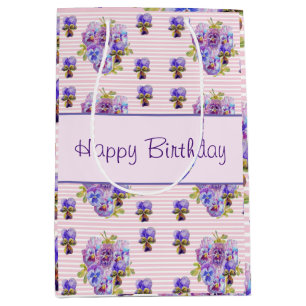 Pansy Flower Pink Stripe floral Happy Birthday Medium Gift Bag